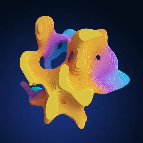 3Dレンダリング 抽象的な鮮やかなネオンの体積曲線の形と波線は濃い青の背景に孤立した 層状の液体マーブル効果を持つカラフルな壁紙 — ストック写真
