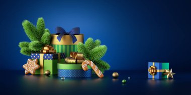 3 boyutlu görüntüleme. Noel süsleri, yeşil ladin ve koyu mavi arka planda izole hediye kutularıyla geçen kış tatili sahnesi. Tebrik kartı yatay bayrağı