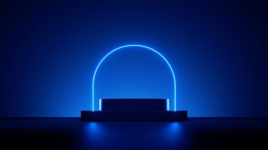 3D görüntüleme, soyut neon arkaplan, boş podyum ve mavi ışıkla parlayan kemer. Ürün sunumu için vitrin sahnesi olan modern minimal duvar kağıdı
