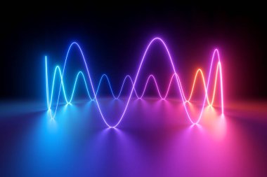 3D görüntüleme, soyut neon arkaplan ultraviyole spektrumda parlayan renkli dalgalı çizgiler