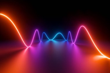 3D görüntüleme, soyut neon arkaplan ultraviyole spektrumda renkli dalgalı çizgi parlaklığında