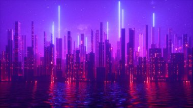 3D görüntüleme, soyut kentsel fütüristik arka plan. Neon ışıklı şehir manzarası, yıldızlı gece gökyüzü ve su