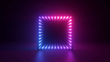 3d görüntüleme, kare çerçeveli soyut neon arkaplan. Performans sahne dekorasyonu ultraviyole ışıkla aydınlatıldı