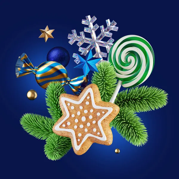 Render Weihnachtsschmuck Grüne Fichte Und Lebkuchen Festliche Clip Art Isoliert — Stockfoto