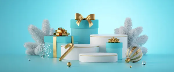 Χριστουγεννιάτικα Στολίδια Και Κουτιά Δώρων Απομονωμένα Μπλε Φόντο Μέντας Προθήκη — Φωτογραφία Αρχείου
