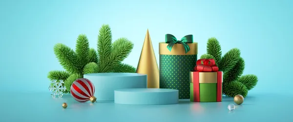 Baner Świąteczny Pudełkami Prezentów Zielonym Świerkiem Świątecznymi Ozdobami Pustymi Podiami — Zdjęcie stockowe