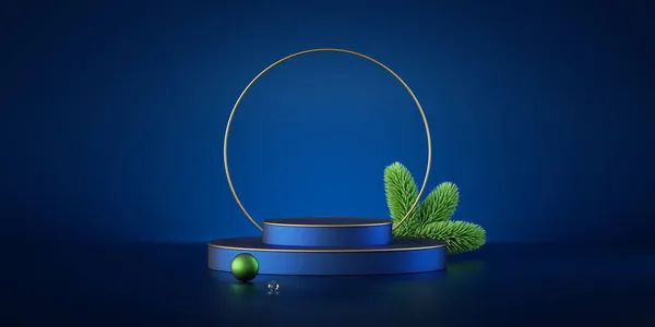製品プレゼンテーションのための空の段階でクリスマスショーケース 水平販売バナー青の背景 3Dレンダリング — ストック写真