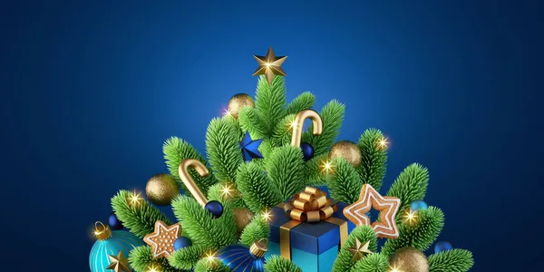 Albero Natale Decorato Con Ornamenti Festivi Luci Isolato Sfondo Blu — Foto Stock