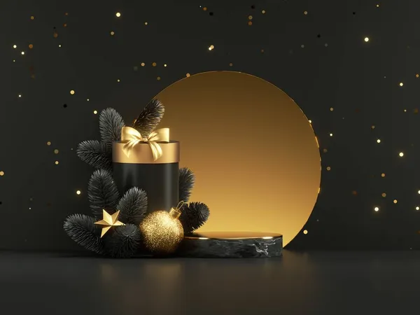 3d render, abstract black gold New Year background, marble podium and golden arch, empty stage decorated with gift box, spruce twig and confetti. Product presentation showcase for black friday sale