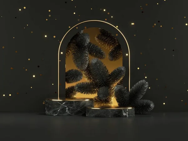 3d render, abstract black gold background with marble podium and minimal golden arch, empty stage decorated with spruce twigs and golden confetti. Product presentation showcase for black friday sale