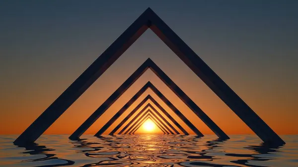 렌더링 추상적으로 최소한의 조경을 바다에 아치와 황혼으로 뒤덮인 — 스톡 사진