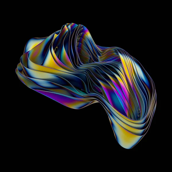 3Dレンダリング 虹色の金属箔テクスチャと抽象的な形状 黒の背景に隔離された層状オブジェクト 未来的な壁紙 — ストック写真