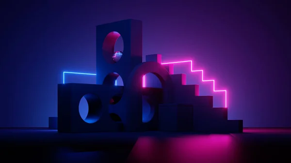 Render Abstract Neon Background Geometric Shapes Glowing Ultraviolet Light — Stock Photo, Image