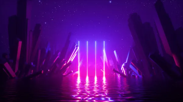 3Dレンダリング 輝くレーザー垂直線 星空の下での結晶 水の中での反射と抽象的なネオン背景 未来的な地形 幻想的な風景 — ストック写真
