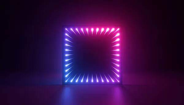 Renderowanie Abstrakcyjne Neonowe Tło Kwadratową Ramą Dekoracja Fazie Performance Oświetlona — Zdjęcie stockowe