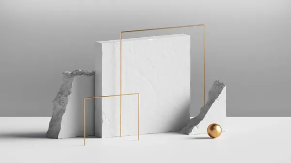 Render Abstracte Achtergrond Met Witte Betonnen Blokken Gouden Vierkante Frames — Stockfoto