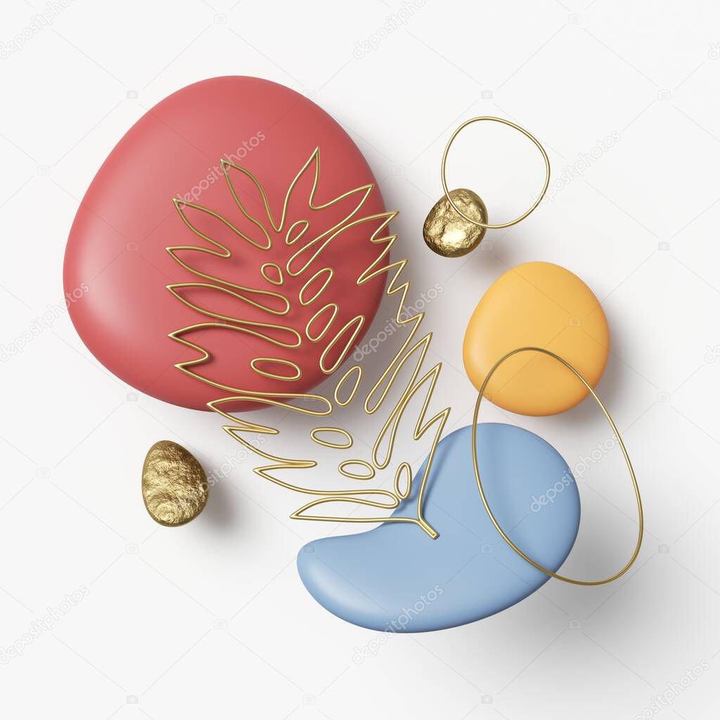 3d render, abstract geometric composition with decorative colorful shapes and tropical palm leaf made of golden wire, minimal line art isolated on white background