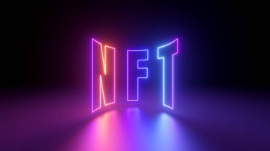 3D görüntüleme, NFT harfli arkaplan ultraviyole ışık, zemin yansıması, soyut sanal neon işareti