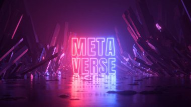 3D görüntüleme, soyut fantastik arkaplan kristalli kozmik manzara ve neon ışıkla parlayan Metaverse kelimesi