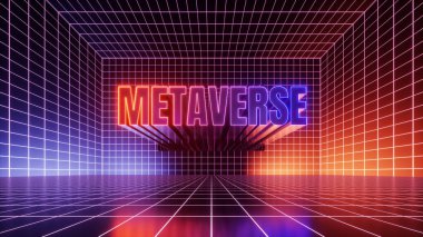 3D görüntüleme, soyut fütüristik arkaplan. Boş sanal oda, siber uzay içinde menekşe kırmızısı neon ışığı ile parlayan metaverse işareti