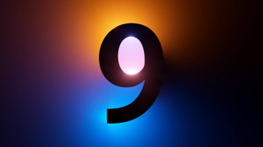 3D çizim, dokuz numaralı siluet, dijital matematik sembolü, sarı mavi renkli neon ışıkla aydınlatılmış.