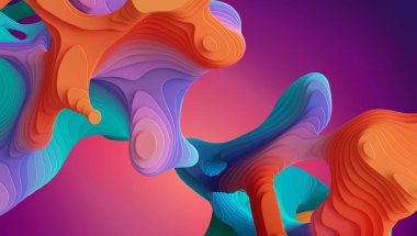 3D render, soyut parlak neon arkaplan hacimli kıvrımlı şekiller ve dalgalı çizgiler. Katmanlı sıvı mermer efektli renkli yaratıcı duvar kağıdı