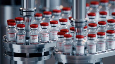 3 boyutlu görüntüleme. SARS-COV-2 COVID-19 Coronavirus Aşı Kitle Üretimi. İlaç üretimi, mikrobiyolojik teknoloji. Otomatik taşıma hattının soyut sahnesi. Tıbbi geçmiş
