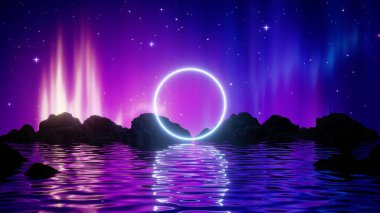 Geceyarısı manzaralı 3D görüntüleme, soyut arkaplan: Aurora Borealis su ve dağların üzerindeki yıldızlı gece gökyüzünde parlayan ışıklar. Parlak neon çerçeve. Kutsal geometri.
