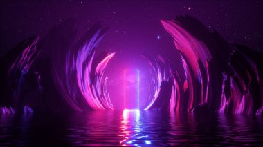 3d soyut neon arkaplan. Kozmik manzara, geceleri kayalar ve suyla dolu arazi. Pembe mavi neon ışıkla parlayan dikdörtgen çerçeve.