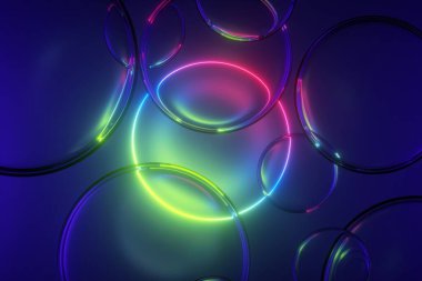Üç boyutlu, soyut renkli neon arkaplan yuvarlak çerçeve ve cam toplar. Parlayan geometrik şekil ve berrak kabarcıklar