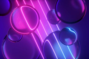 3D görüntüleme, parlak çizgileri olan soyut arkaplan, pembe mavi neon ışık ve kırılma özelliği olan cam toplar.