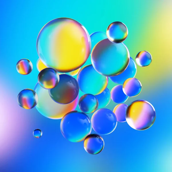三维渲染 带有玻璃球或发亮气泡的抽象彩色背景 科学宏 — 图库照片