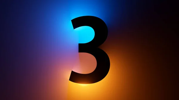 Render Number Three Silhouette Digital Math Symbol Illuminated Yellow Blue — Stock Photo, Image