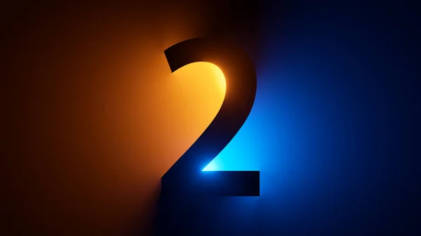 Рендеринг Силуэт Номер Два Цифровой Математический Символ Подсвеченный Желтым Синим — стоковое фото
