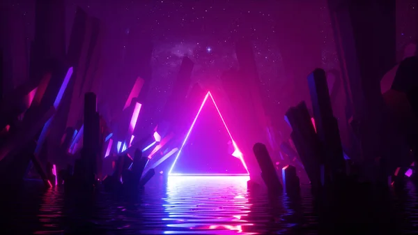 3Dレンダリング 輝くレーザー三角形のフレームを持つ抽象的なネオン背景 星空の下での結晶と水の中で反射 未来的な地形 幻想的な風景 — ストック写真