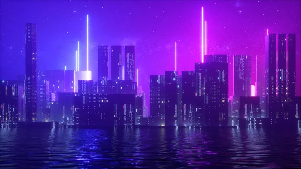 3Dレンダリング ネオンライトで照らされた都市の高層ビルと抽象的な紫外線背景 星空と水 — ストック写真