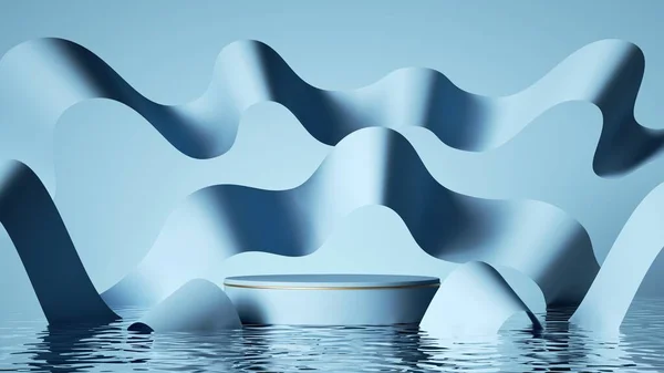 3Dレンダリング 抽象的なパステルブルーの背景 プロダクトプレゼンテーションのための現代的なファッションショーケース 空の表彰台 波状のリボンと水の反射と最小限のシーン — ストック写真