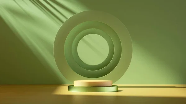 3Dレンダリング 抽象的な現代的な最小限の背景 太陽光で照らされた製品プレゼンテーションのための丸いフレームと表彰台とショーケースシーン 緑色の背景に幾何学的形状 — ストック写真