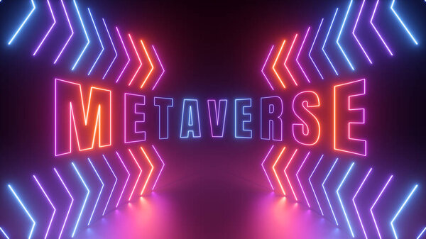 Render Abstract Panoramic Background Geometric Arrows Metaverse Sign Glowing Neon — Stock Photo, Image