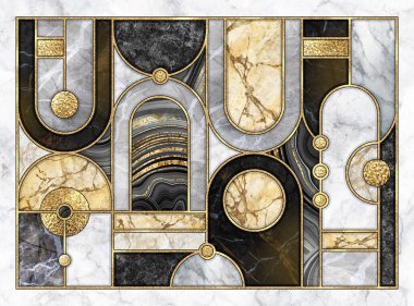 Soyut sanat deco desenleri. Mermer mozaik kaplamalı geometrik arkaplan. Yapay taş dokuları ve parlak metal folyoyla karışık duvar fayansları. Modern siyah beyaz altın dekoratif duvar kağıdı