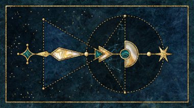 Altın metalik folyo ve mermer kaplamalı soyut kozmik arkaplan. Kozmoloji motifli kutsal geometri. Yıldız parçası duvar kağıdı