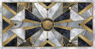 Mermer mozaik işlemeli soyut geometrik arkaplan. Yapay taş dokuları ve parlak metal folyoyla karışık duvar fayansları. Modern duvar kağıdı
