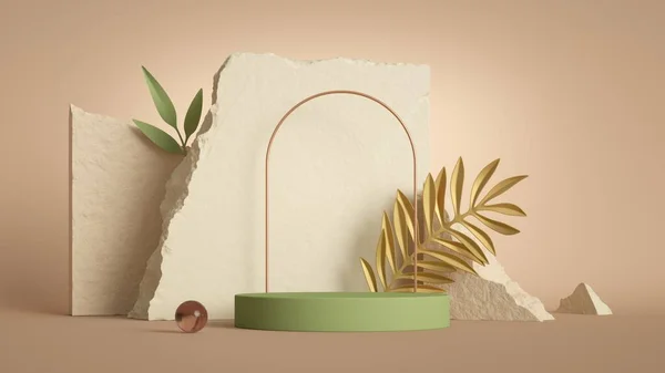 3Dレンダリング 石畳の背景に隔離された石畳 黄金のアーチ 空の緑の表彰台や熱帯の葉を持つ抽象的な背景 製品プレゼンテーションのための現代的な最小ショーケースシーン — ストック写真