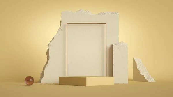 3Dレンダリング パステルイエローの背景に孤立した壊れた石の遺跡と抽象的なショーケースシーン 製品プレゼンテーションのための空白の黄金のフレームと空の正方形のプラットフォーム — ストック写真
