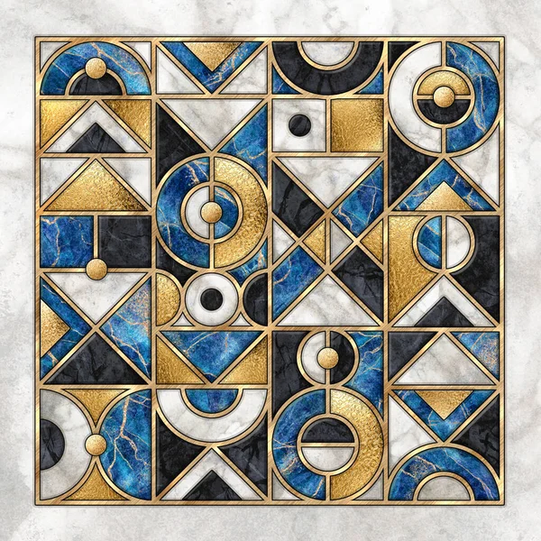 Abstract Geometric Pattern Black Gold Blue Tiles Trendy Wall Mosaic — Stock Photo, Image