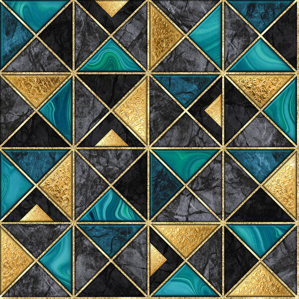 abstract geometric background with black gold and green triangles. Trendy wall mosaic tiles with artificial stone textures. Modern marble wallpaper