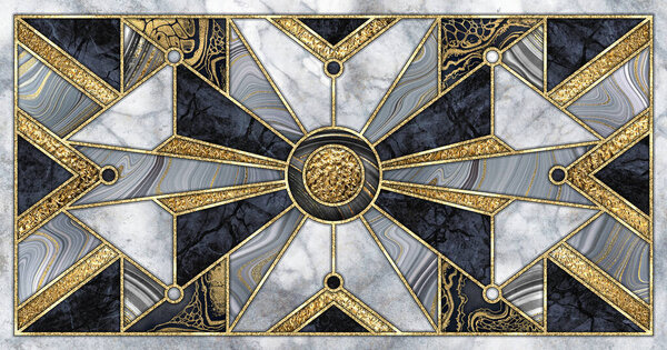 abstract geometric background with marble mosaic inlay. Mixed wall tiles with artificial stone textures and shiny metallic foil. Modern wallpaper