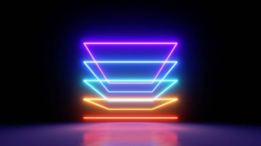 3 boyutlu görüntüleme. Basit kare geometrik şekillere sahip soyut neon arkaplan, koyu renkli spektrum çizgileri