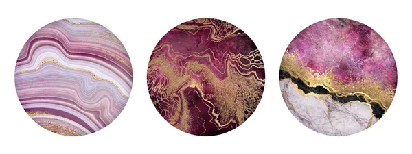 Sada Kulatých Nálepek Mramorovými Vzory Abstraktní Růžová Černá Bílá Mramorová — Stock fotografie