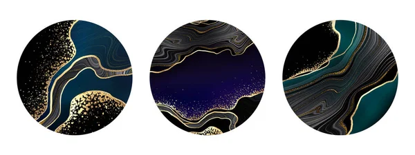 Набор Круглых Абстрактных Этикеток Мраморными Текстурами Черный Золотой Агат Мраморный — стоковое фото